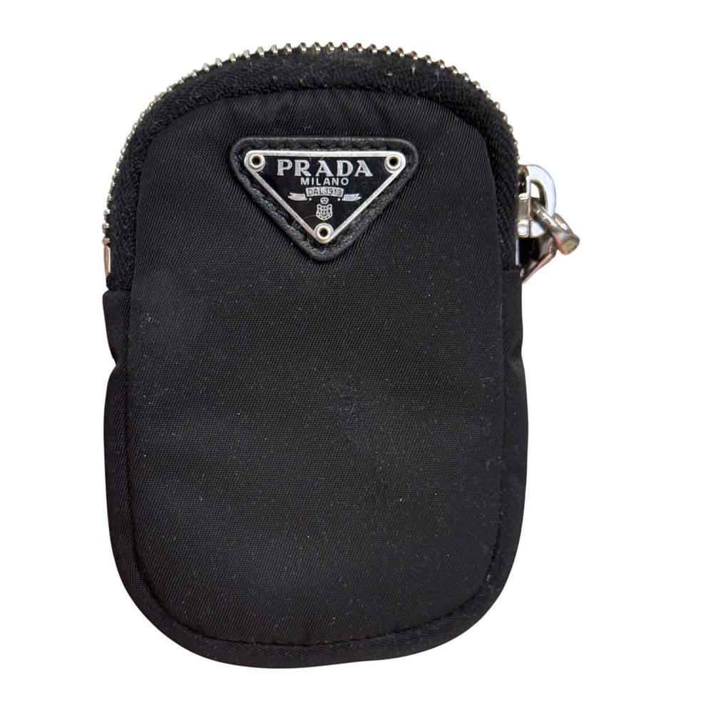 Prada Re-Nylon Mini Pouch Black Enamel Triangle Logo Zip Bag Charm Accessory